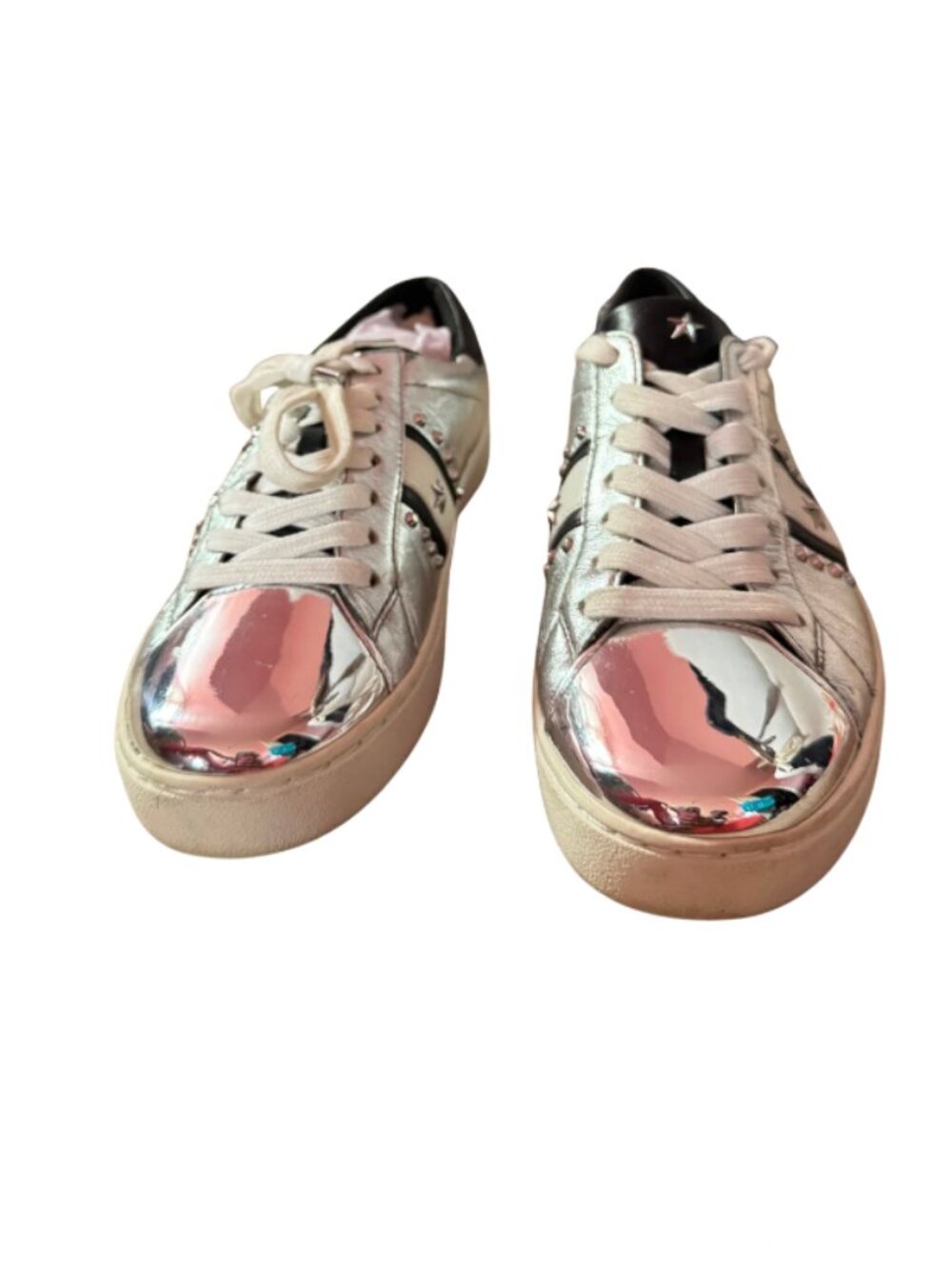 Michael Kors Women's Frankie Stripe Sneaker Leather Silver Black Size 7.5 - Picture 5 of 11